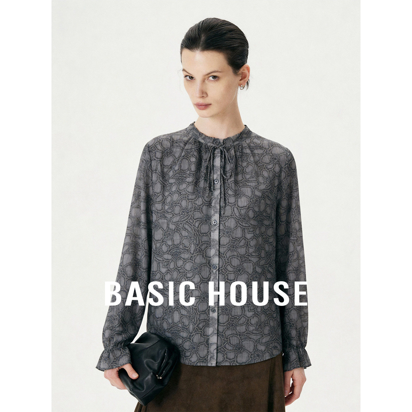Basic House/百家好复古印花系带衬衫秋季新款气质宽松轻薄小衫女