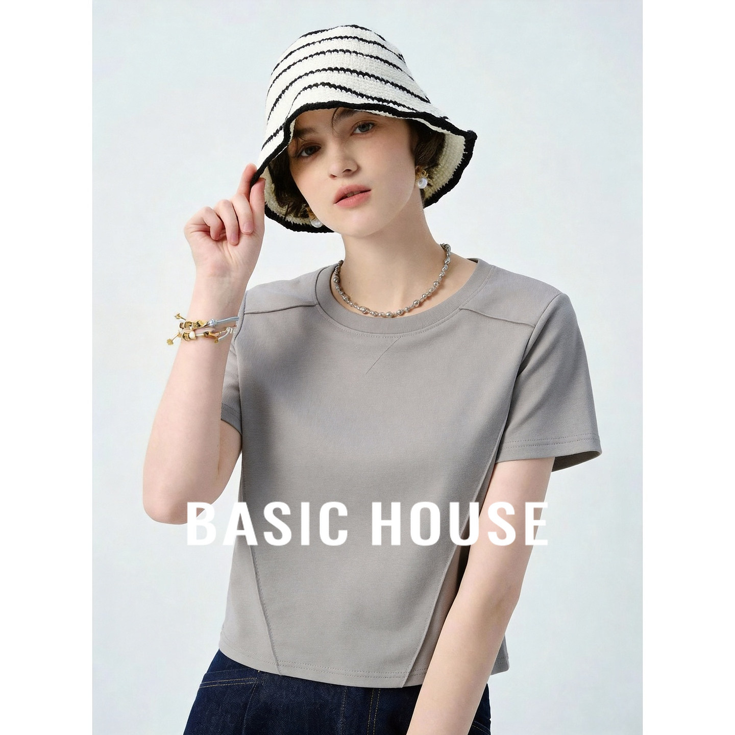 Basic House/百家好灰色极简风莱赛尔正肩T恤纯色百搭夏季短袖女