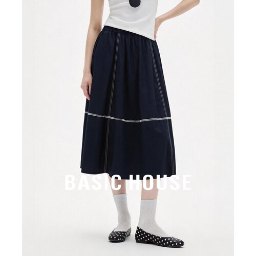 Basic House/百家好藏青色高腰A字半身裙中长设计感明线装饰半裙