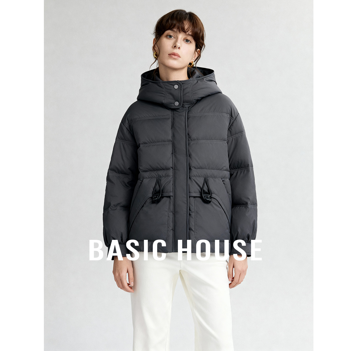 Basic House/百家好连帽纯色简约短款白鸭绒羽绒服女秋冬保暖外套