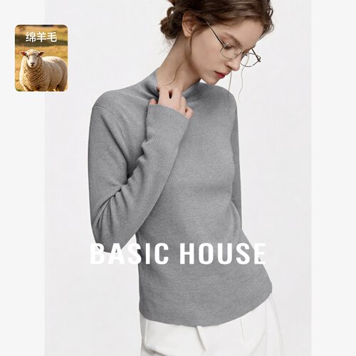 Basic House/百家好极简羊毛半高领长袖针织衫女装修身打底衫毛衣