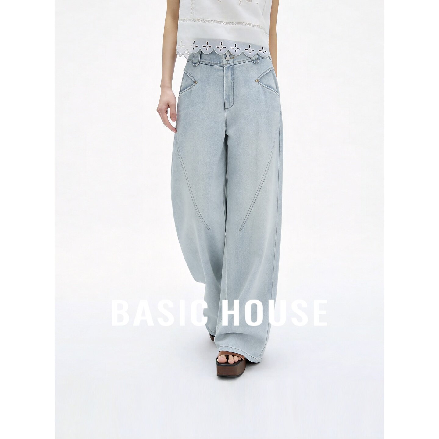Basic House/百家好高腰阔腿牛仔裤莱赛尔宽松拼接女夏韩版浅蓝色