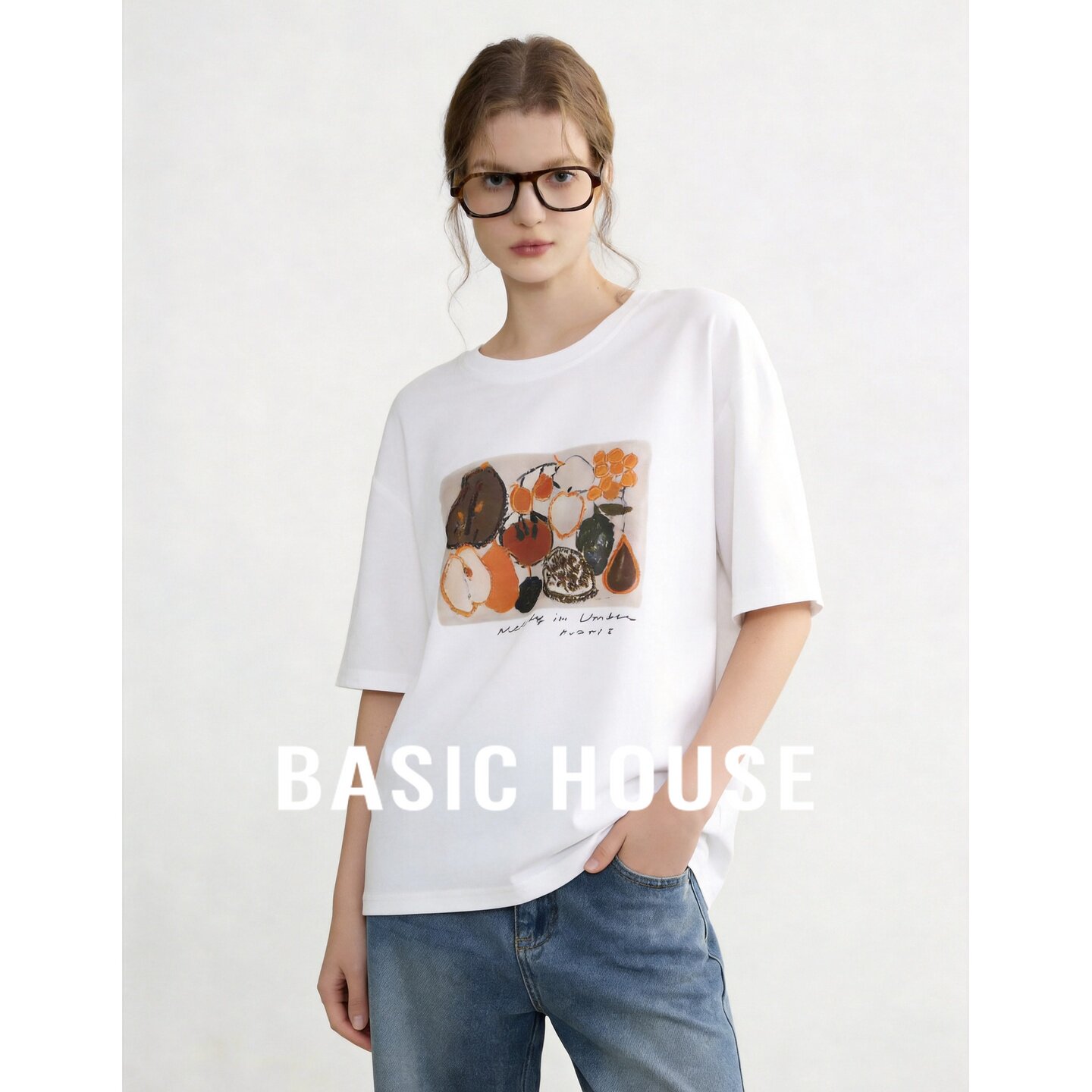 Basic House/百家好白色时尚卡通印花短袖简约风纯色百搭宽松T恤