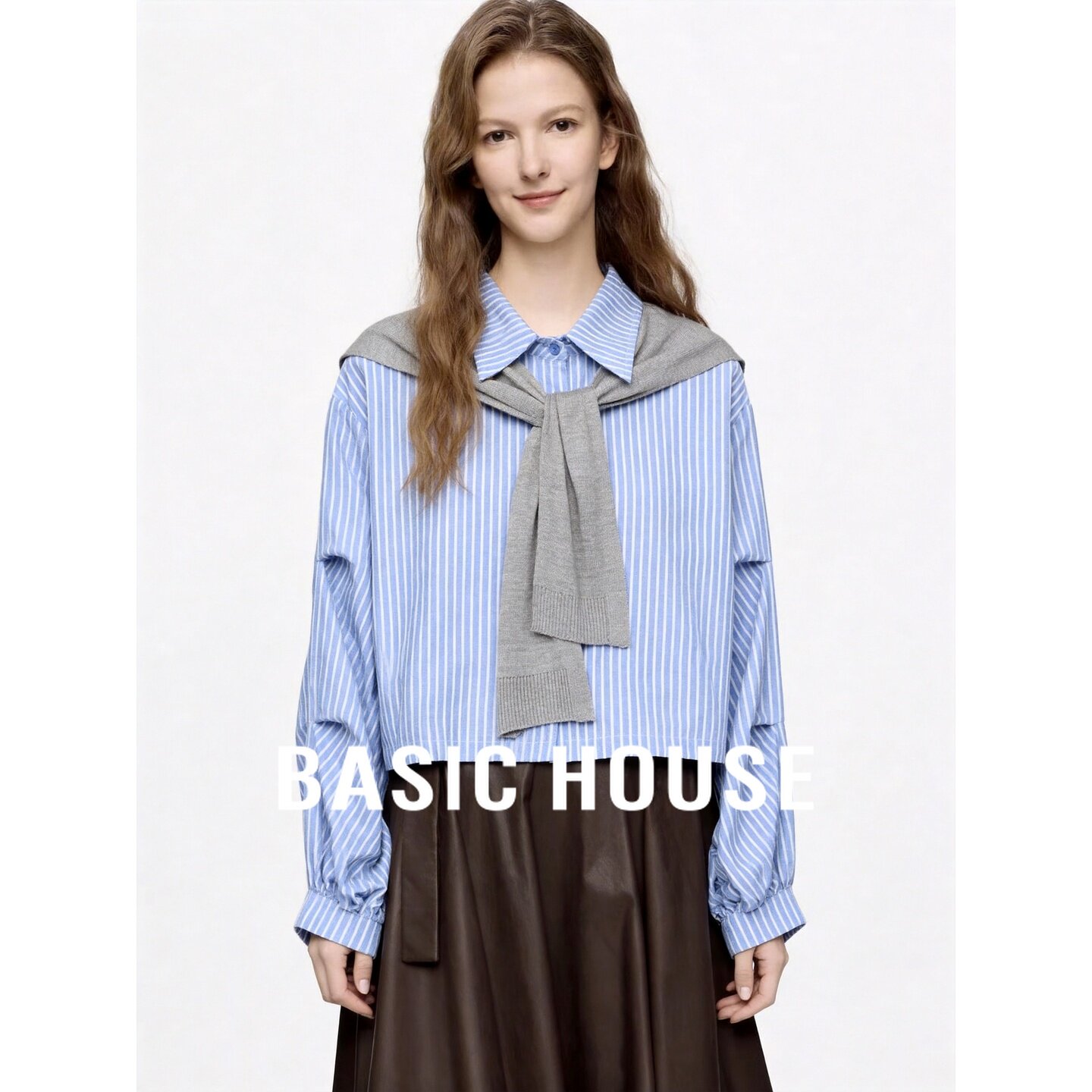 Basic House/百家好条纹衬衫女长袖翻领披肩设计感百搭衬衣上衣