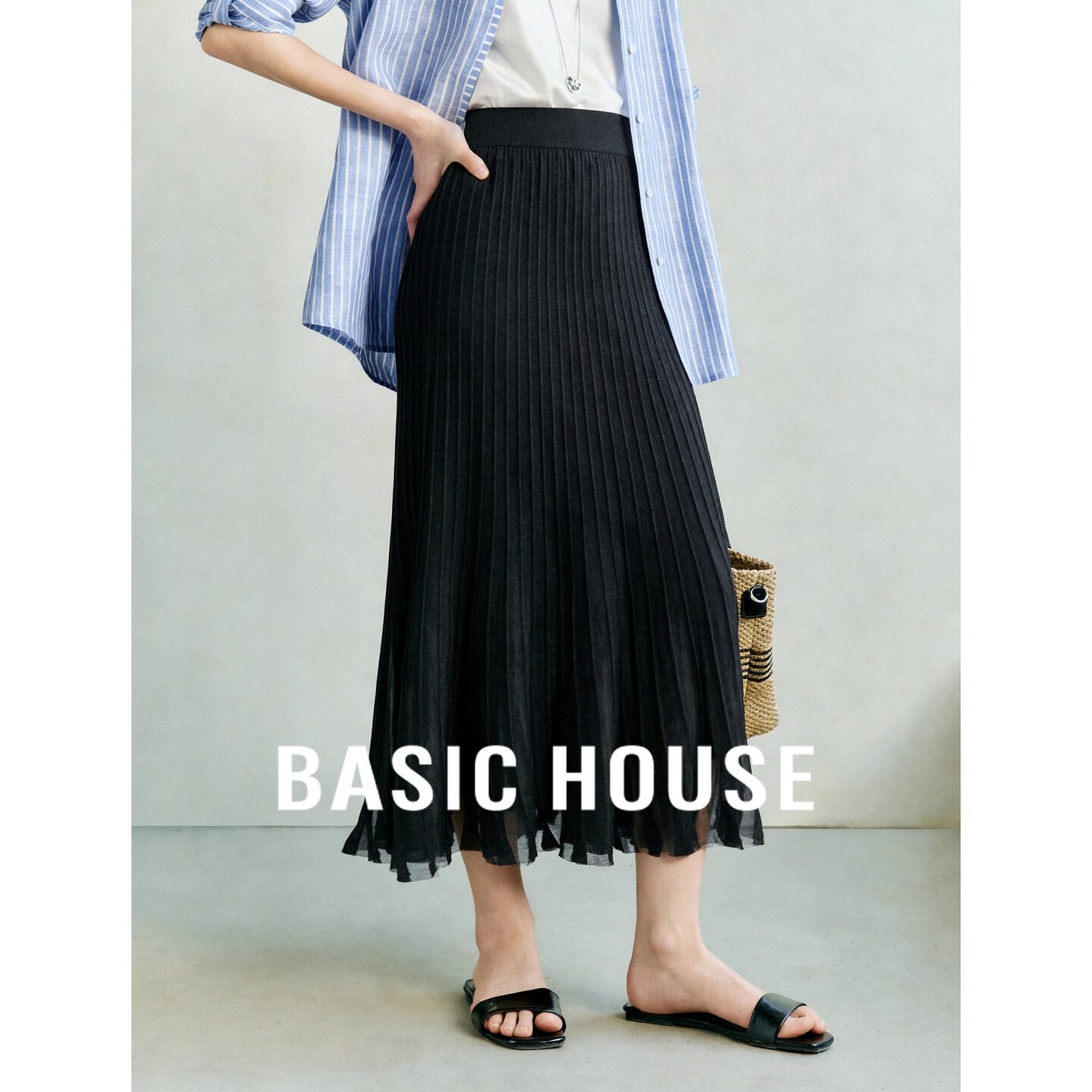 Basic House/百家好优雅气质羊绒桑蚕丝莱赛尔百褶半身长裙女秋冬