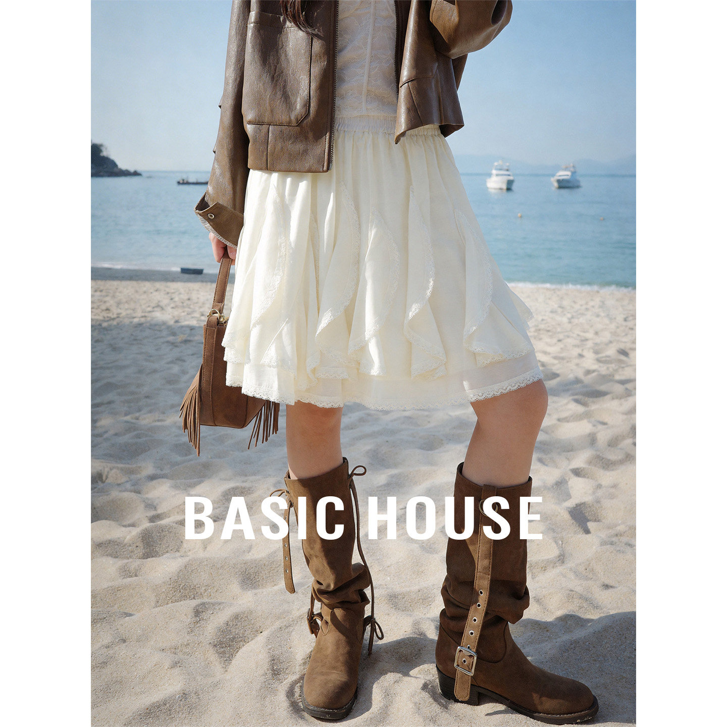 Basic House/百家好不规则荷叶边半身裙女夏季高腰显瘦芭蕾风短裙