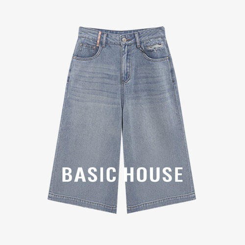Basic House/百家好时尚复古高腰牛仔裤宽松显瘦百搭直筒七分裤夏