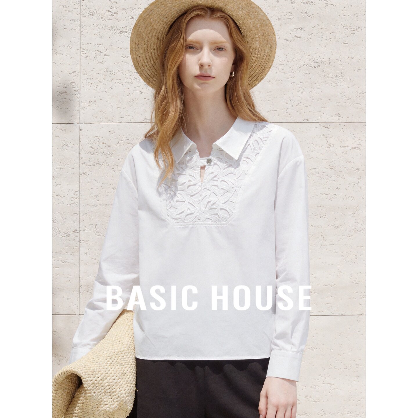 Basic House/百家好白色刺绣翻领长袖衬衫宽松女秋季通勤日常穿搭