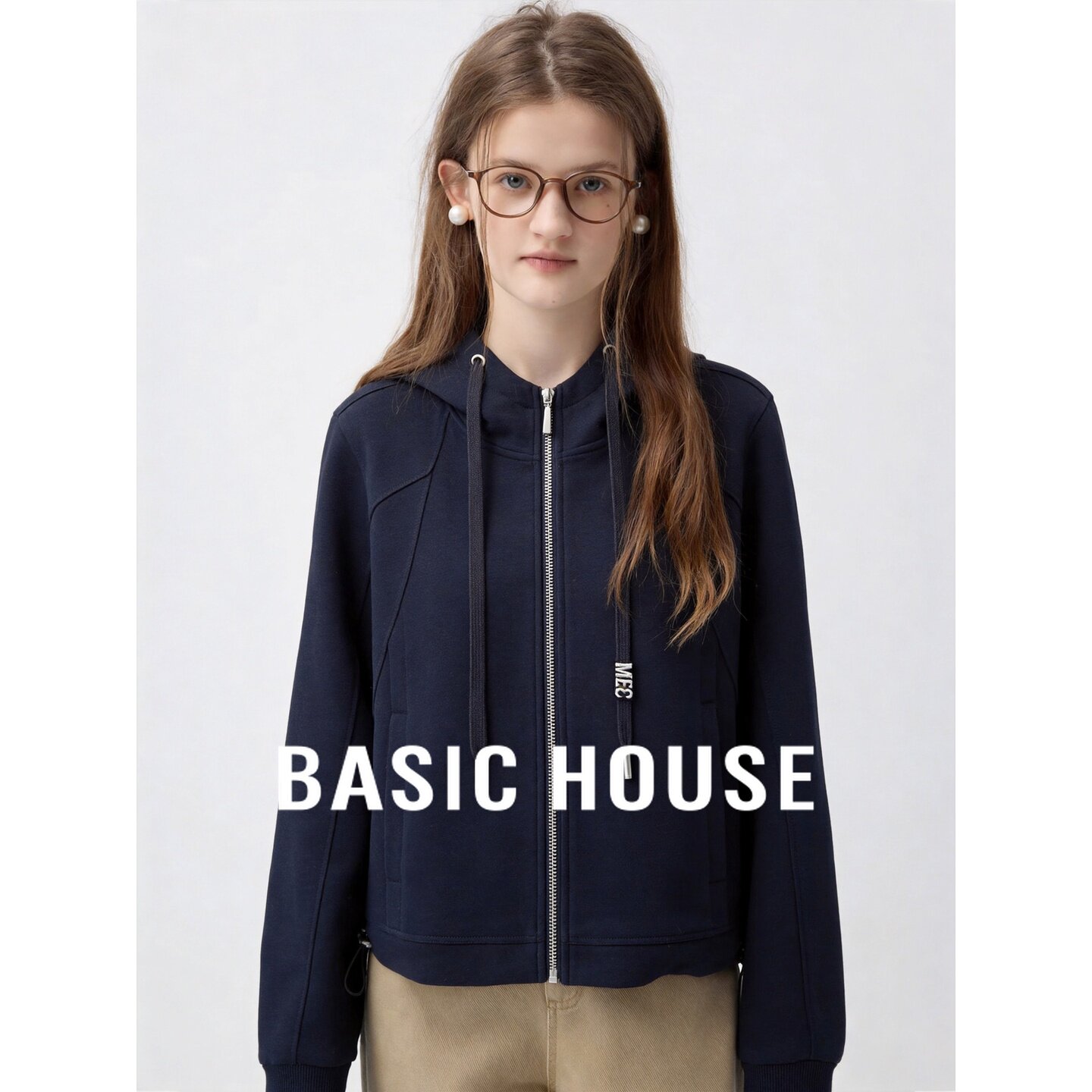 Basic House/百家好连帽拉链卫衣女秋宽松显瘦百搭上衣休闲短外套