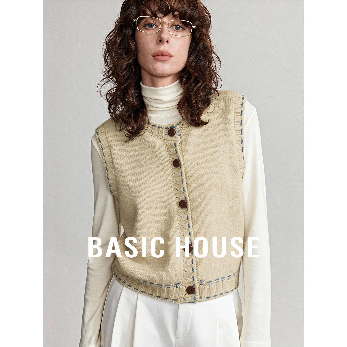 百家好复古风文艺撞色明线设计短款马甲新款通勤叠穿圆领无袖上衣