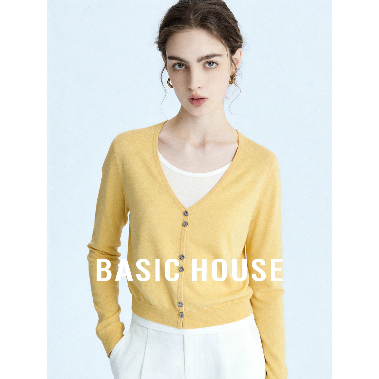 Basic House/百家好黄色假两件正肩羊毛针织衫女秋季撞色设计上衣