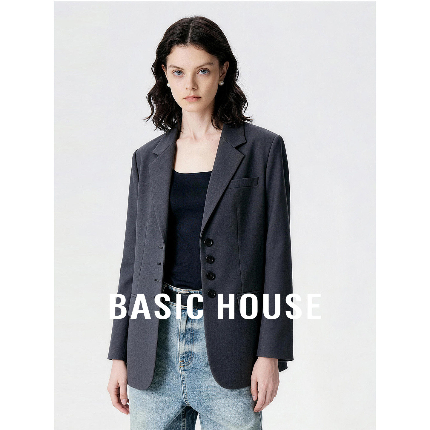 Basic House/百家好韩版深灰西装短款外套女26春简约通勤翻领上衣