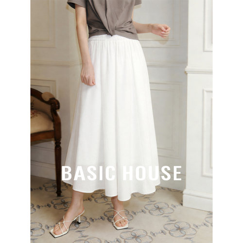 Basic House/百家好高腰纯色大摆伞裙女夏季新款宽松遮肉透气半裙