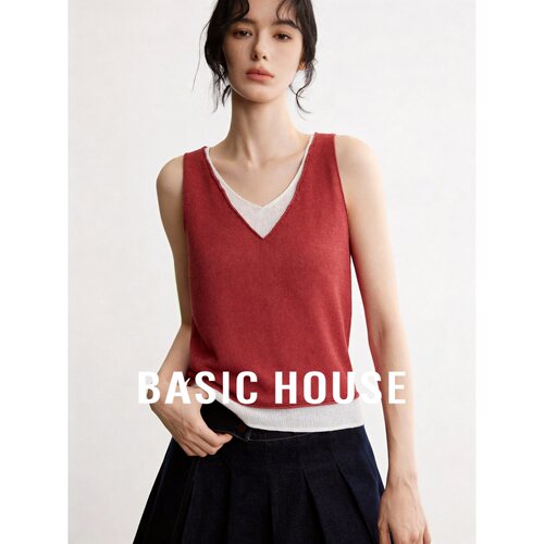 Basic House/百家好莱赛尔假两件V领针织背心女夏季无袖亚麻上衣