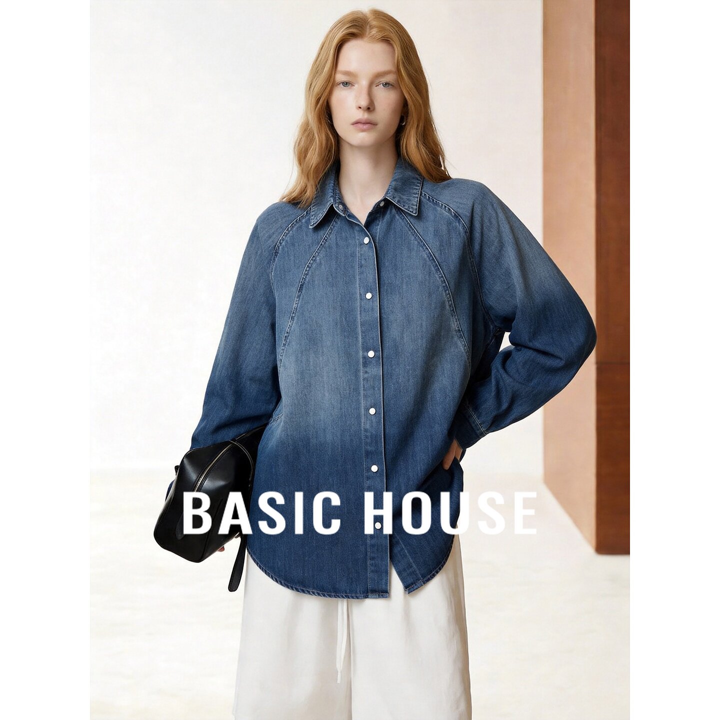 Basic House/百家好休闲风牛仔衬衫女长袖蓝色渐变设计感衬衣外套