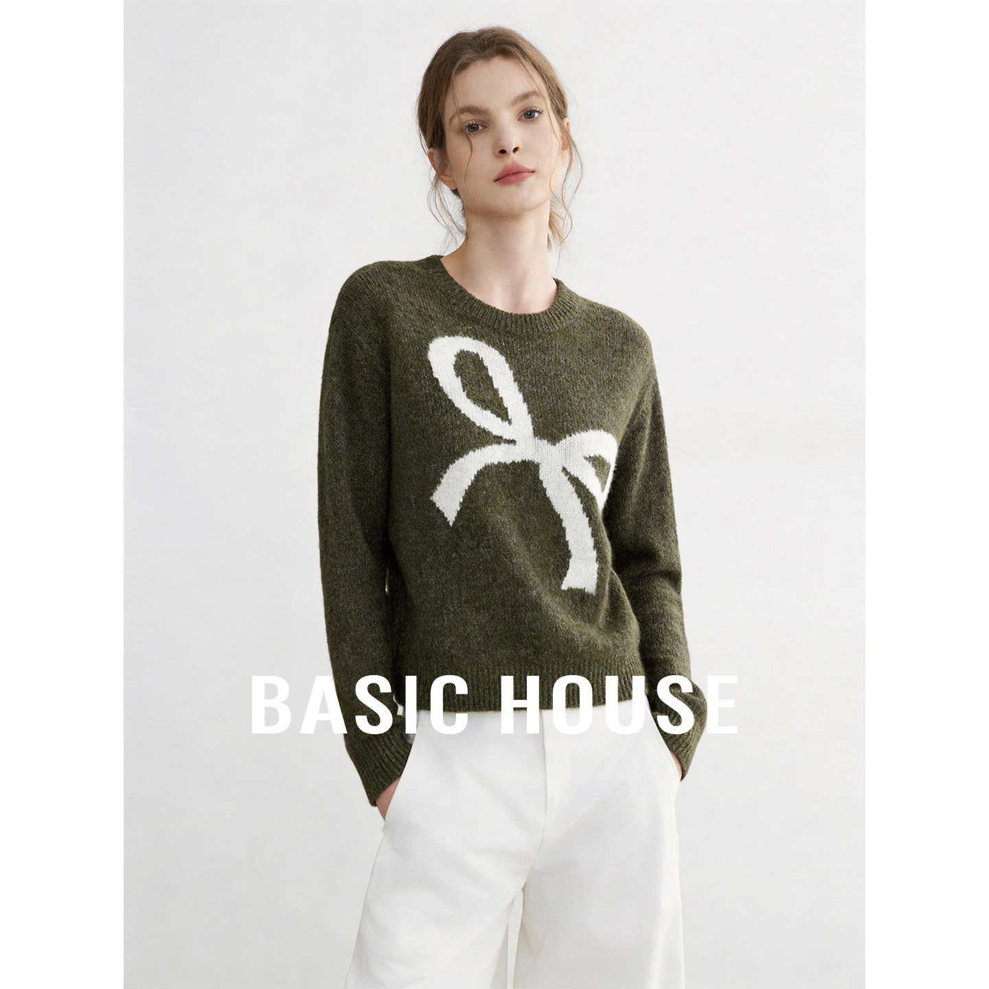 Basic House/百家好绵羊毛圆领宽松毛衣慵懒莱赛尔蝴蝶结提花上衣