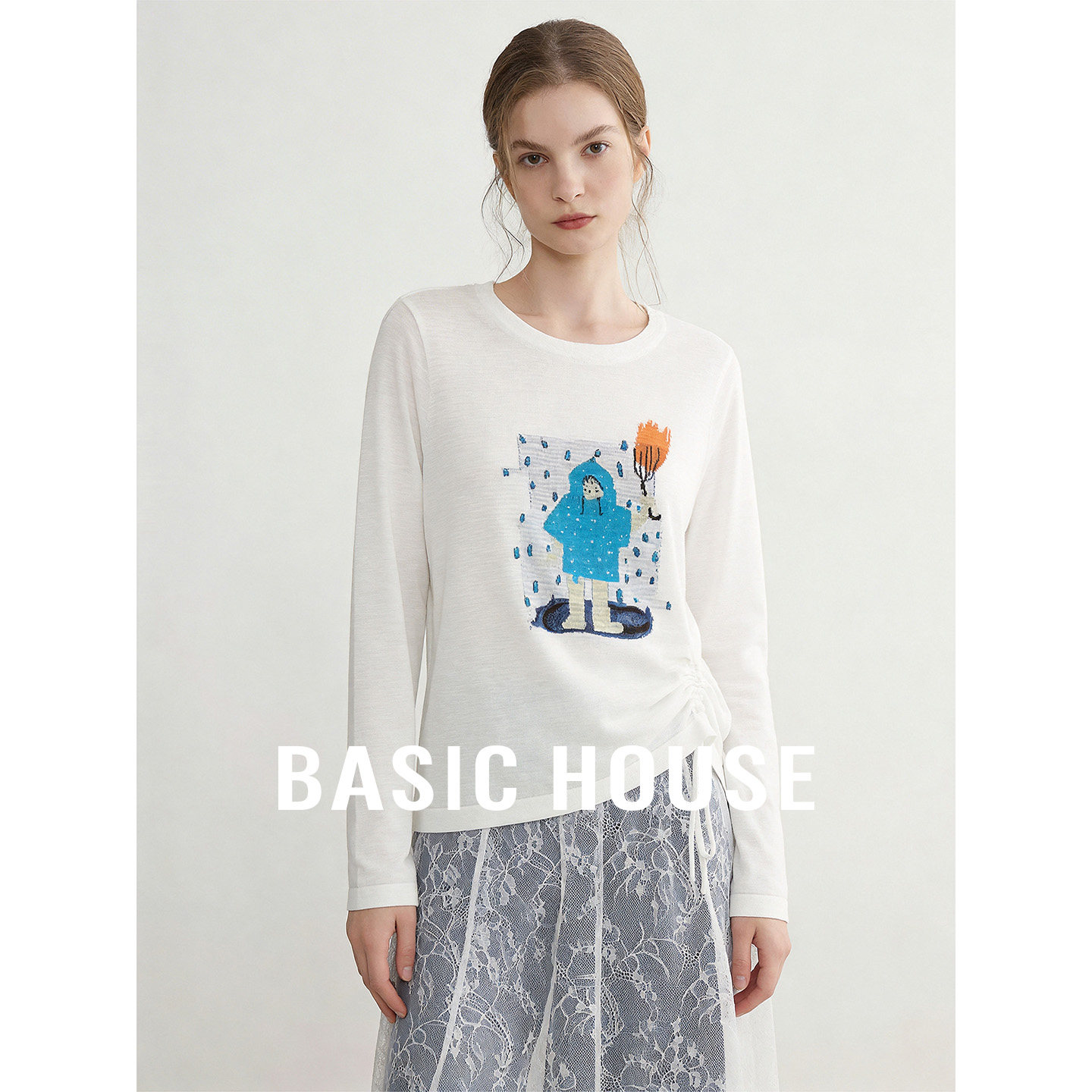 Basic House/百家好侧腰抽绳印花针织衫女秋新款宽松撞色长袖上衣