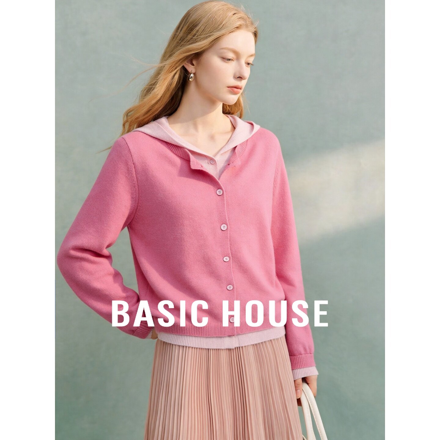 Basic House/百家好假两件绵羊毛针织开衫女秋季新款粉色毛衣外套