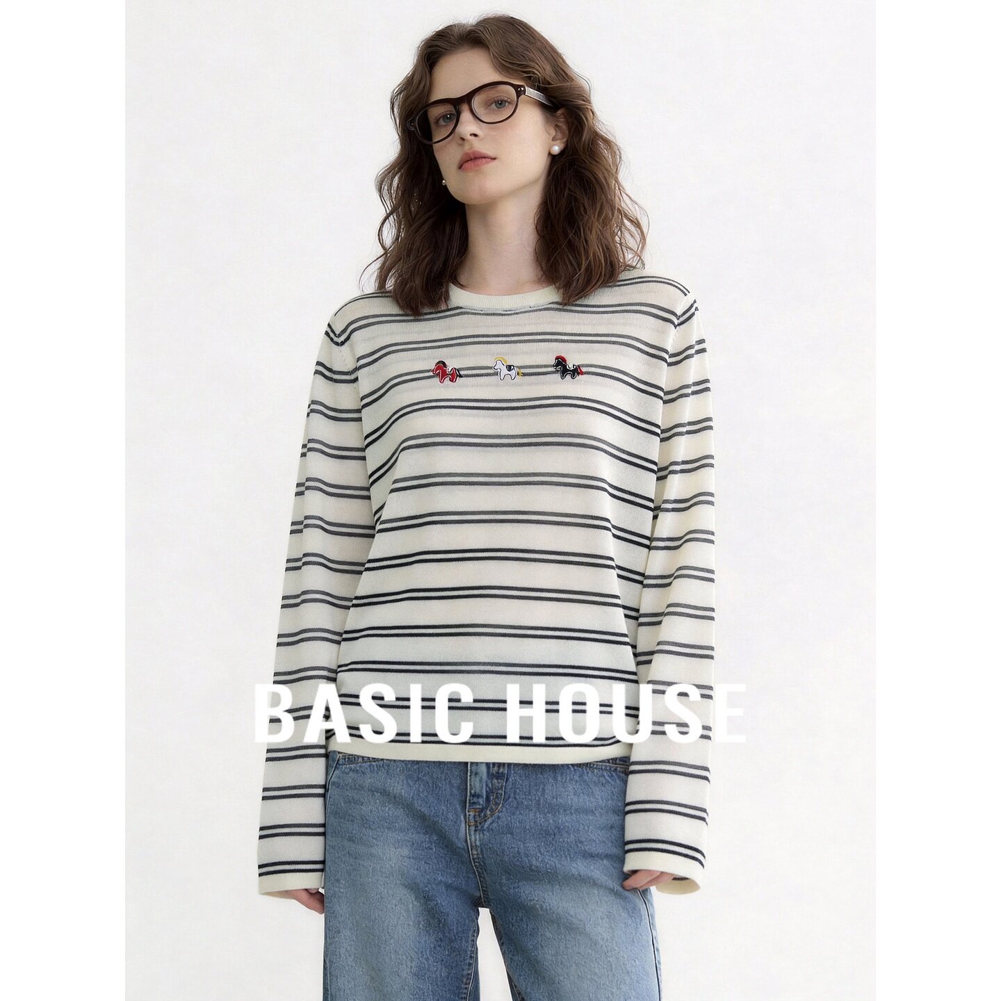 Basic House/百家好圆领黑白条纹设计感长袖针织衫女秋季薄款罩衫