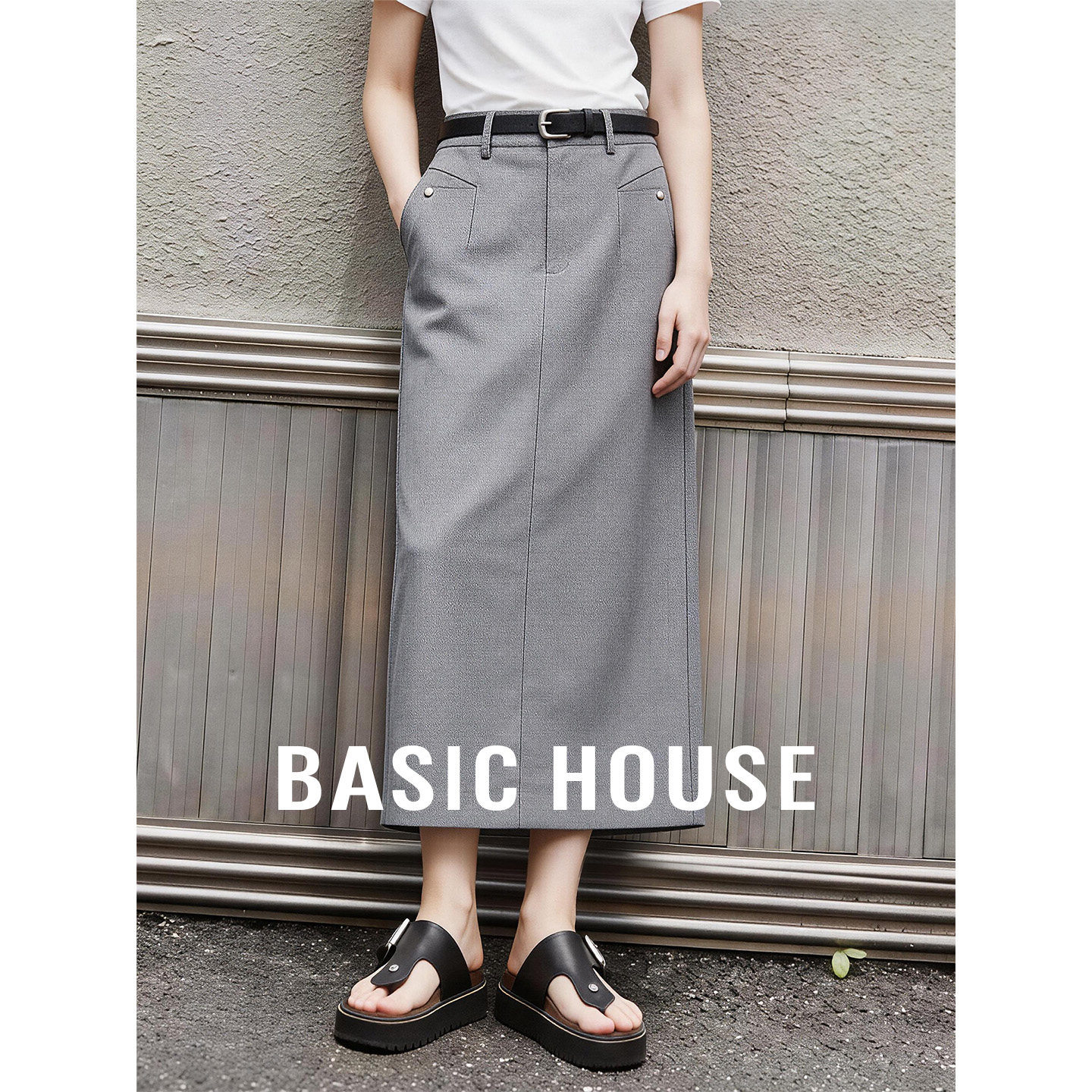 Basic House/百家好春季通勤百搭长款西装裙莱赛尔高腰直筒半身裙