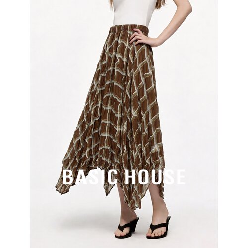 Basic House/百家好高腰不对称长裙法式棕色格子宽松A字裙女夏季
