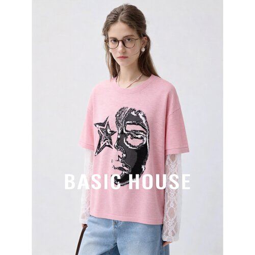 Basic House/百家好设计感蕾丝拼接针织衫粉色印花宽松百搭上衣