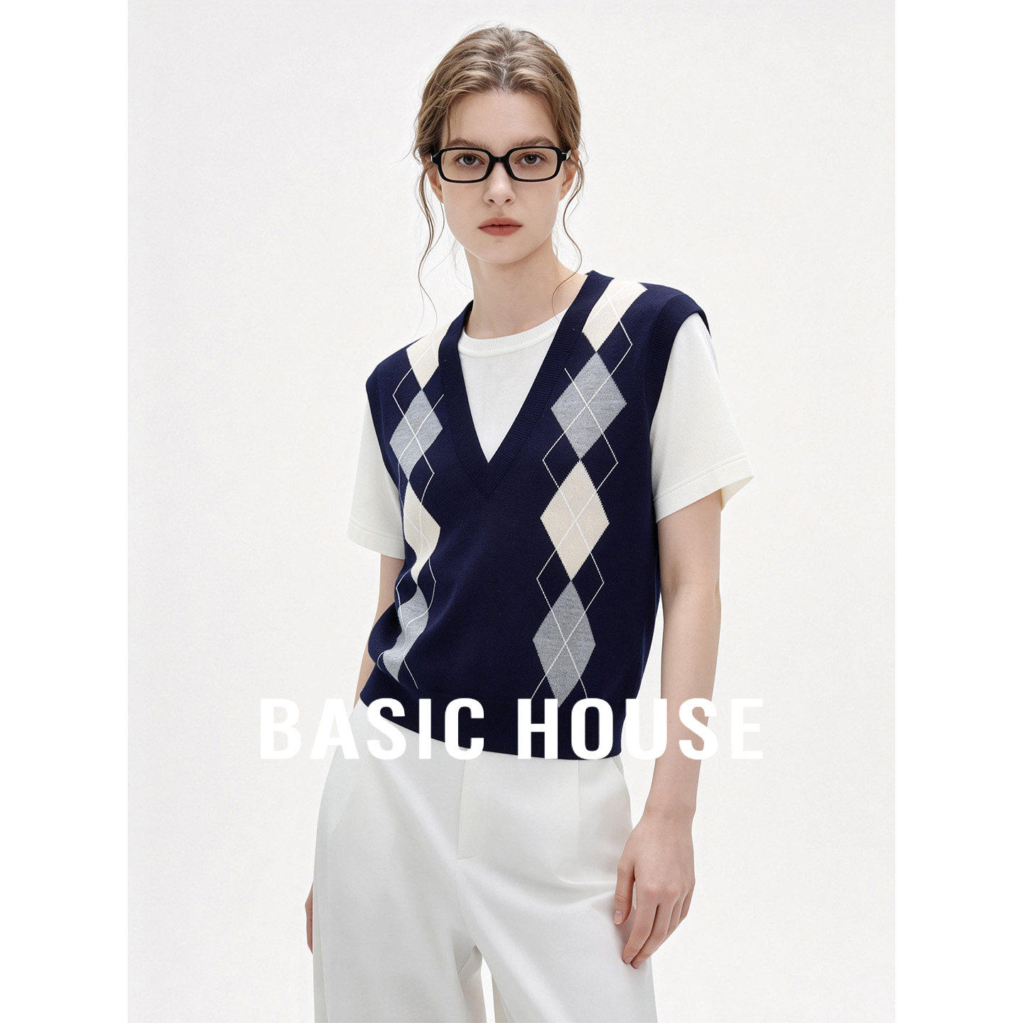 Basic House/百家好圆领假两件短袖针织衫女2026夏季设计感上衣