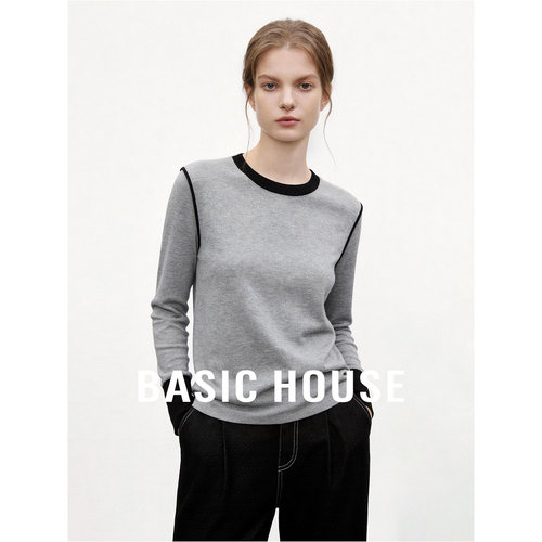 Basic House/百家好灰色圆领宽松显瘦内搭女夏新款舒适长袖针织衫