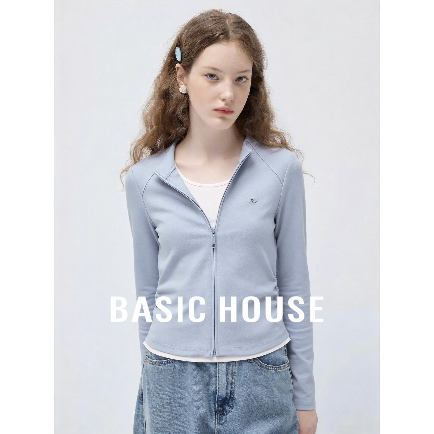 Basic House/百家好浅蓝立领拉链开衫女修身长袖外套简约百搭卫衣