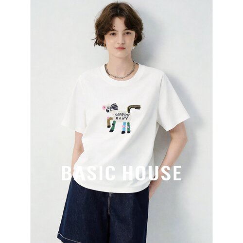 Basic House/百家好韩式纯棉小马刺绣圆领T恤女设计感百搭上衣