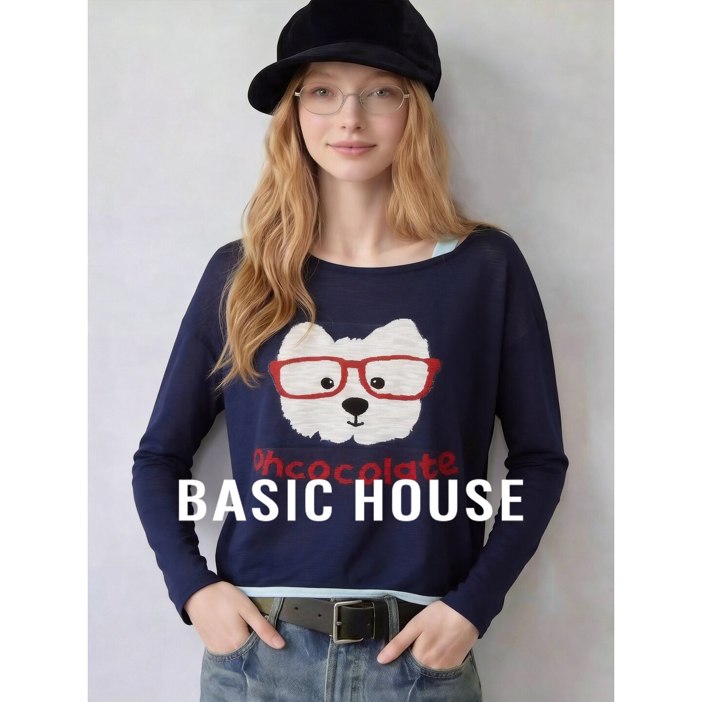 Basic House/百家好宽松长袖T恤女韩版圆领印花上衣藏青色针织衫