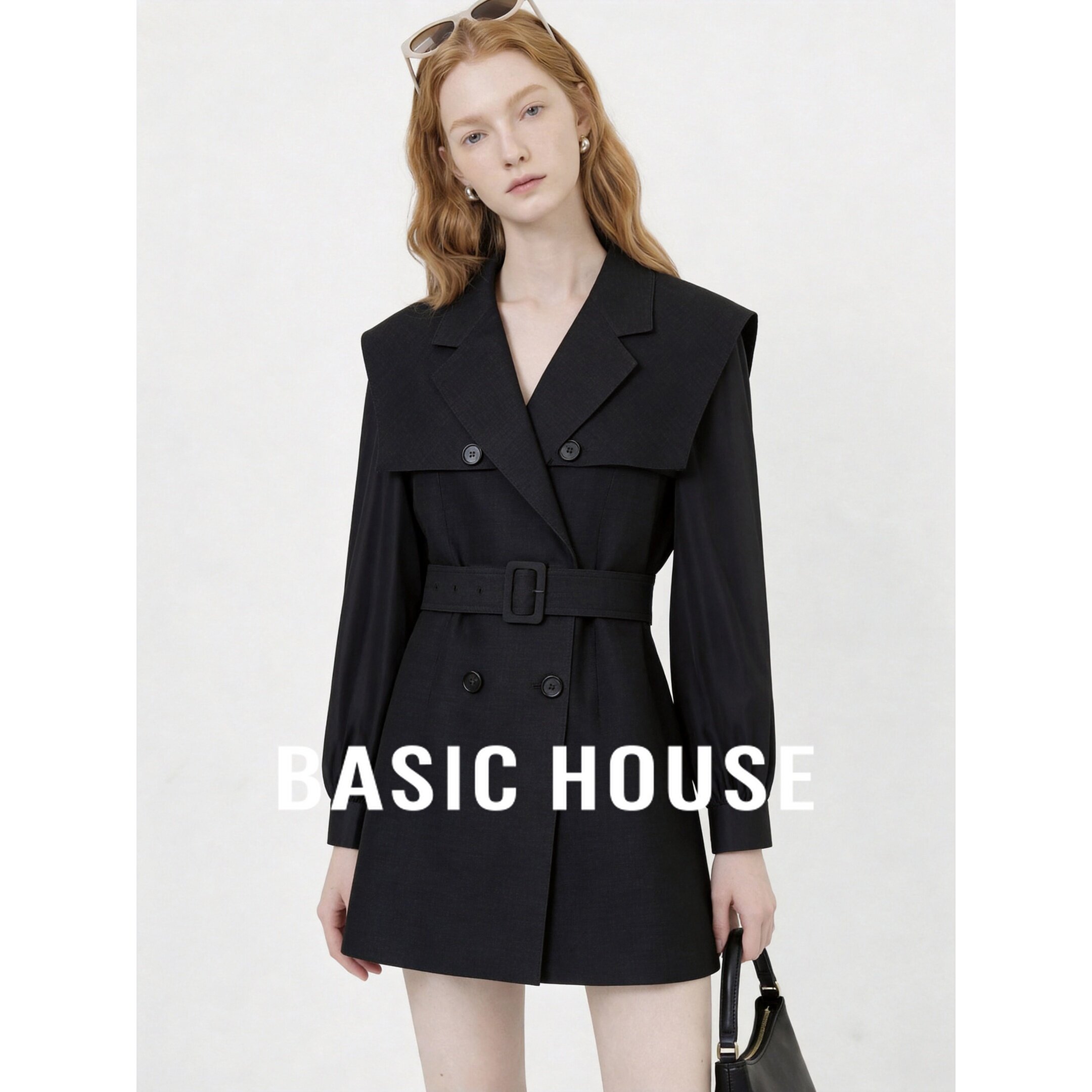Basic House/百家好2026秋季黑色翻领双排扣收腰系带通勤新款风衣