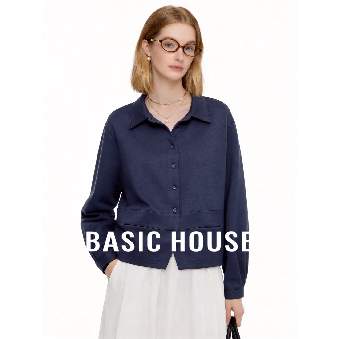 Basic House/百家好藏青色翻领廓形宽松百搭日常女装长袖衬衫秋季