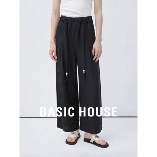 Basic House/百家好黑色高腰抽绳阔腿裤女2026夏季莱赛尔休闲长裤