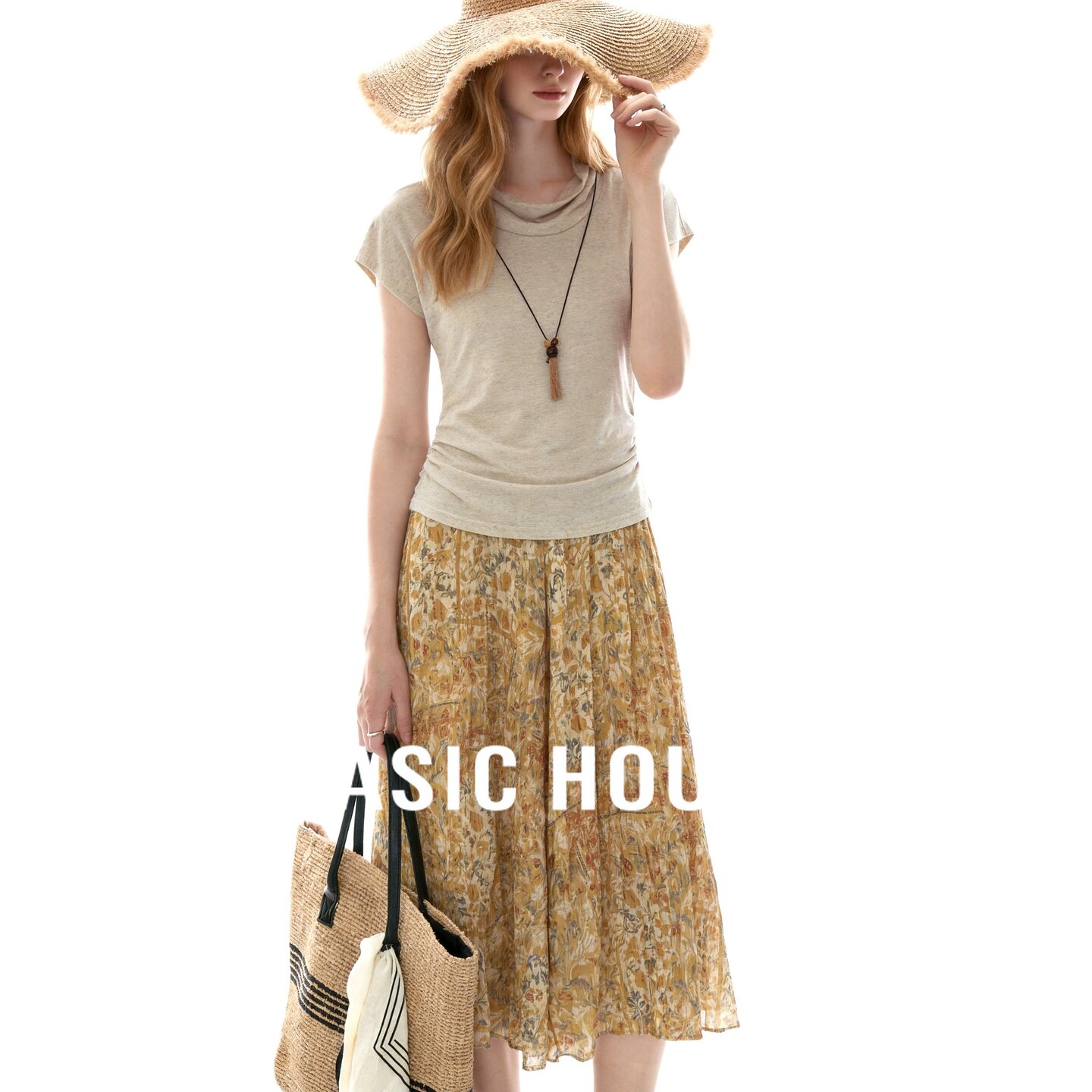 Basic House/百家好莱赛尔短袖上衣碎花半身裙套装女夏季温柔风