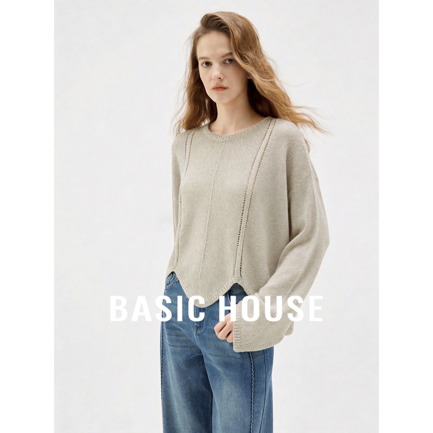 Basic House/百家好杏色圆领长袖针织衫女宽松百搭不规则气质毛衣
