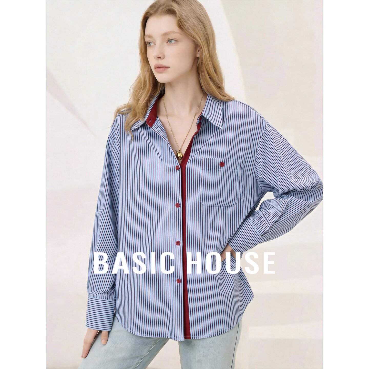 Basic House/百家好红蓝撞色条纹风翻领衬衫女长袖百搭通勤上衣