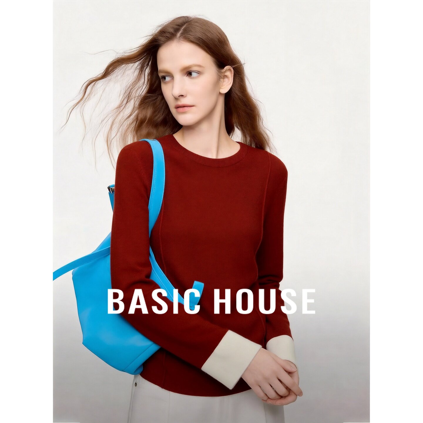 Basic House/百家好圆领撞色袖口长袖毛衣女宽松针织衫红色上衣