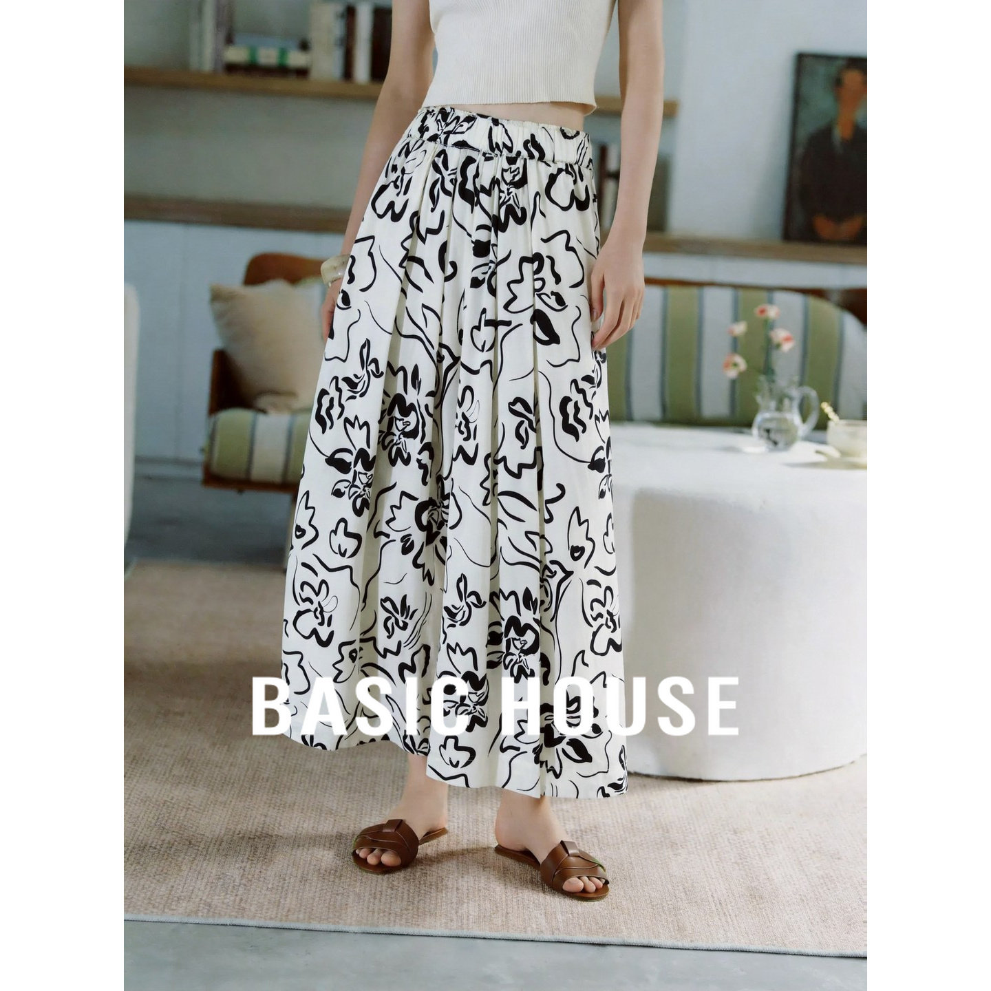Basic House/百家好纯棉水墨印花休闲裤女夏季宽松阔腿裤显瘦百搭