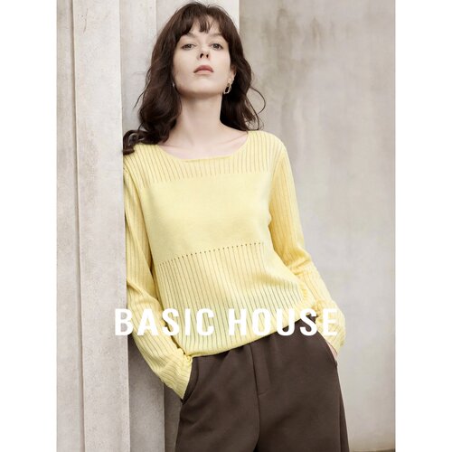 Basic House/百家好黄色圆领针织衫宽松长袖拼接设计韩版女夏新款