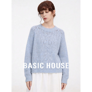 女春新款 百家好蓝色圆领宽松套头针织衫 显瘦百搭上衣 House Basic