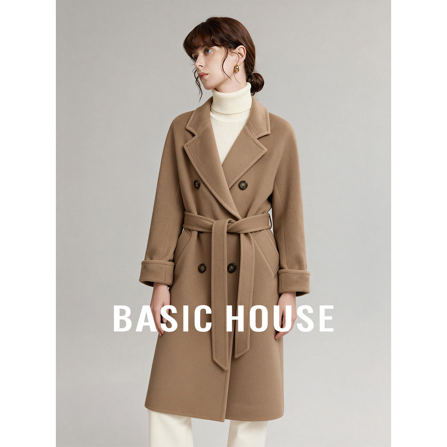 Basic House/百家好25收腰纯色简约单面呢大衣女冬季保暖百搭外套
