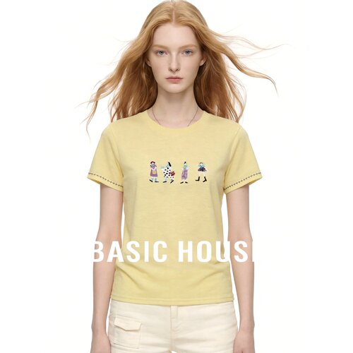 Basic House/百家好正肩修身显瘦短袖T恤女夏季黄色显白圆领上衣