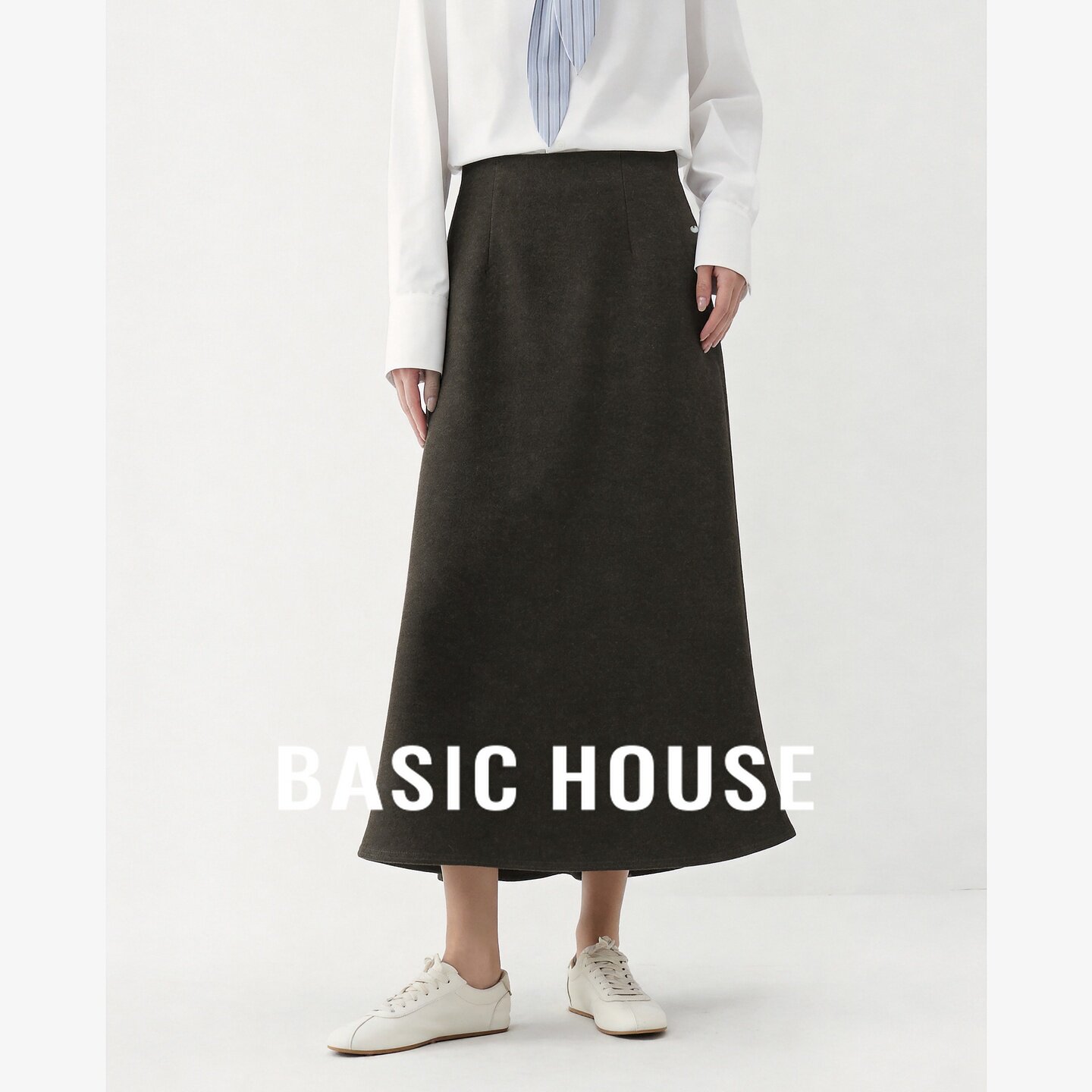 Basic House/百家好轻奢优雅风高腰A字半身裙女黑色简约显瘦长裙