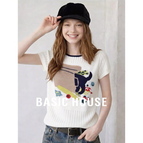 Basic House/百家好猫咪印花短袖针织衫女夏撞色镂空针织米白上衣