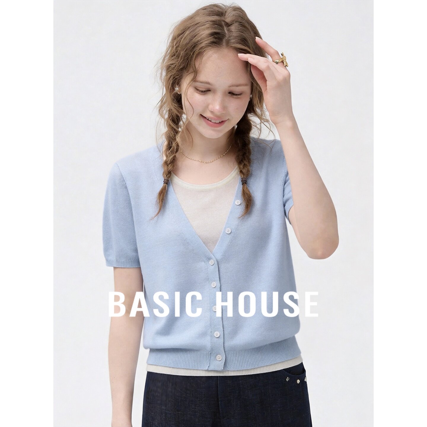 Basic House/百家好小众V领短袖针织开衫女夏天蓝色百搭显瘦上衣