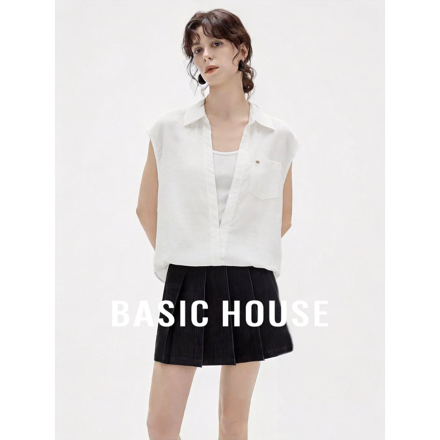 Basic House/百家好两件套无袖衬衫女2026夏季莱赛尔翻领宽松上衣
