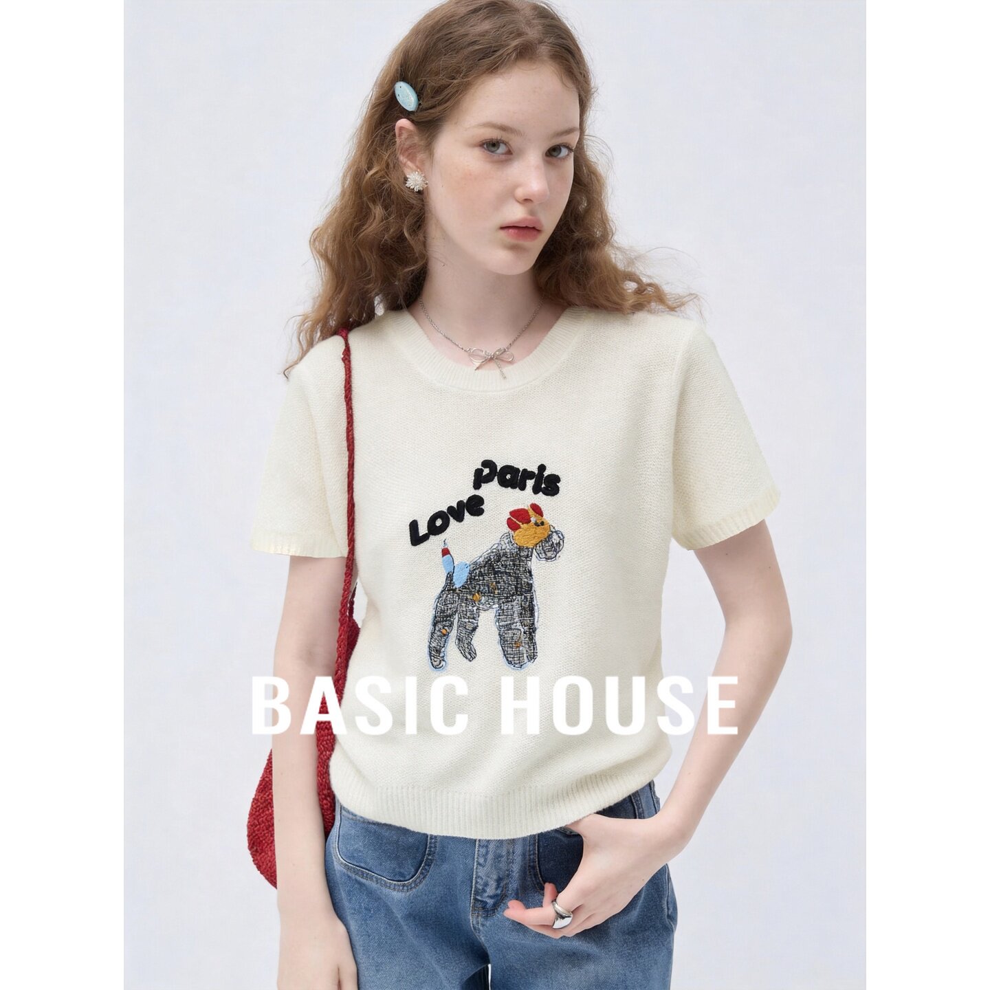 Basic House/百家好白色小狗刺绣短袖薄款宽松显瘦气质针织衫夏季