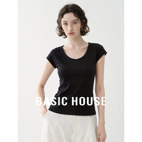 Basic House/百家好黑色U领正肩基础百搭短袖T恤女夏简约舒适上衣