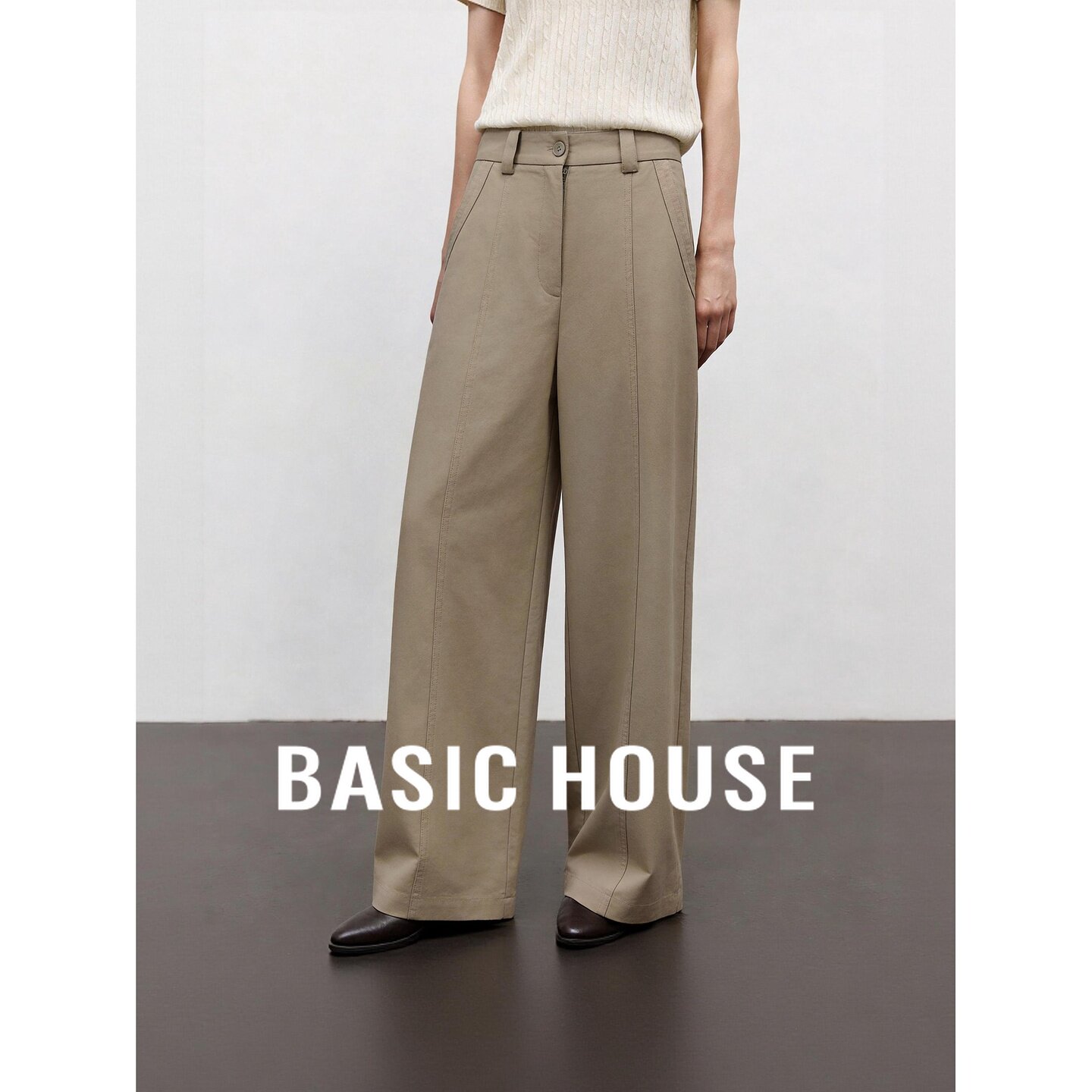 Basic House/百家好卡其色高腰直筒微喇日常女装秋季新款休闲长裤
